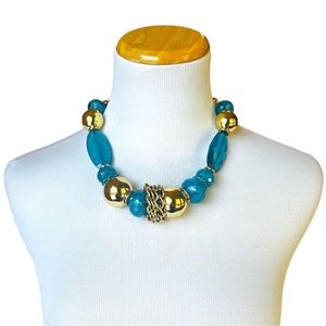 Royal Chunky Blue & Gold Tone Necklace and Earrings Maximalist Beaded